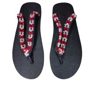 Beaded Flip Flops for Women Summer Style Sandals - (Red, Clear)